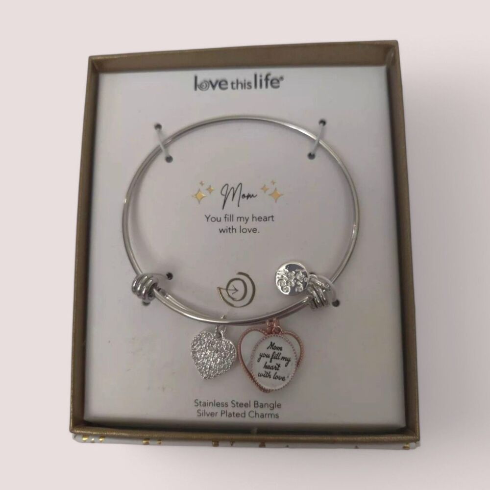 Silver Plated Charms On A Stainless Steel Bangle Bracelet. Hearts, Love For Mom